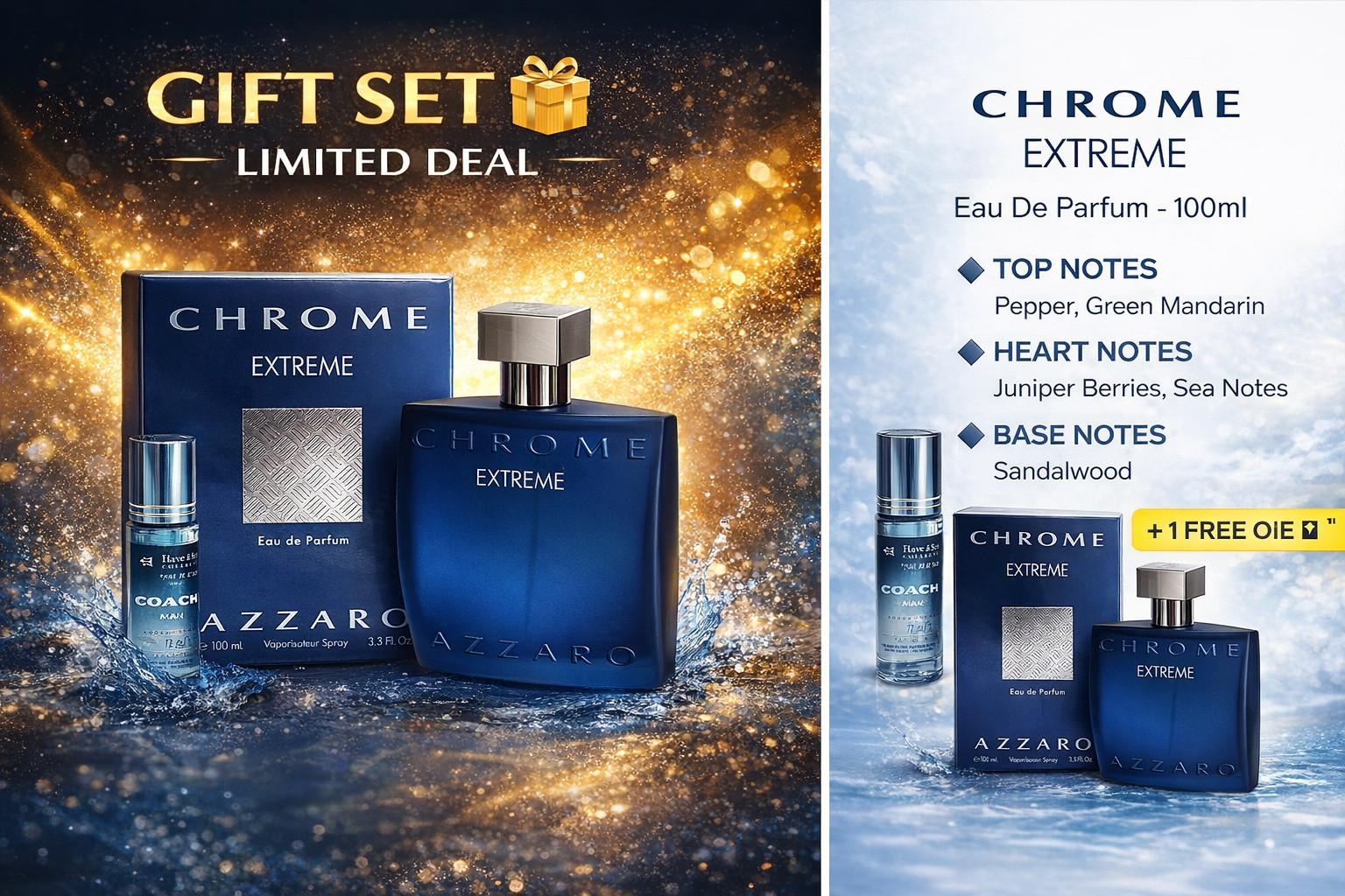 Azzaro Chrome Extreme 3.4oz EDP Men + Bonus 12ml Perfume Oil Gift Set