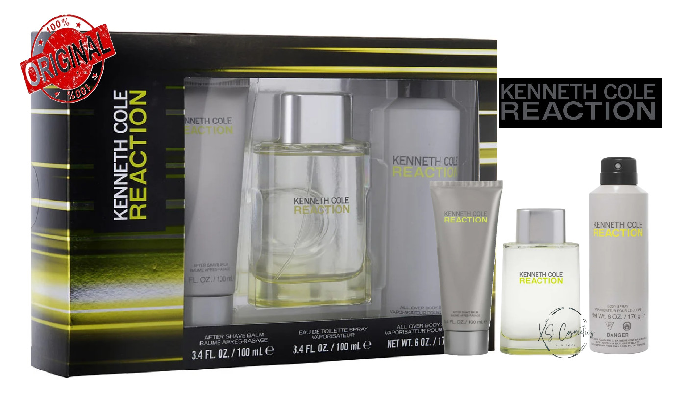 Reaction by Kenneth Cole 3pc Set 3.4 oz EDT+Aftershave Balm+ 6oz Body Spray NEW