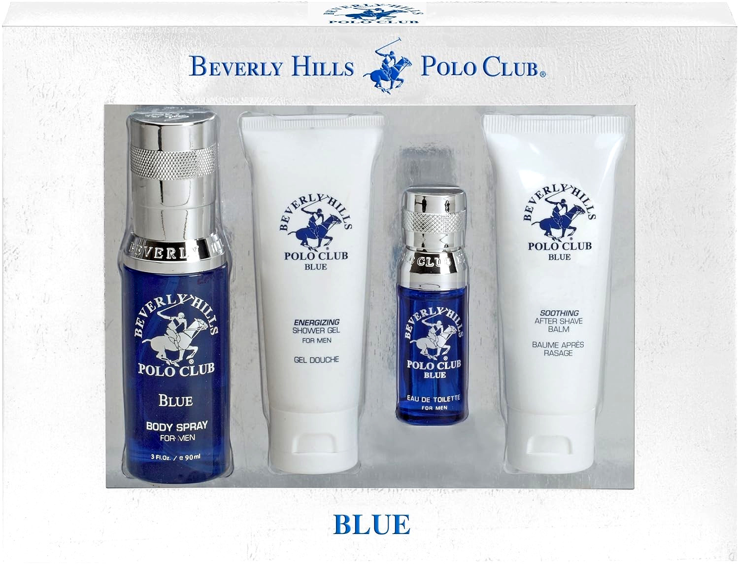 Beverly Hills Polo Club Blue 4 Piece Gift Set Men Body Spray After Shave Gel NEW