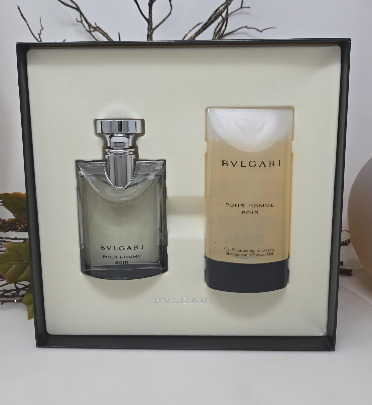 Bvlgari Pour Homme Soir 3.4oz EDT & 6.8oz S/G Woody Floral Musk Gift Set for Men