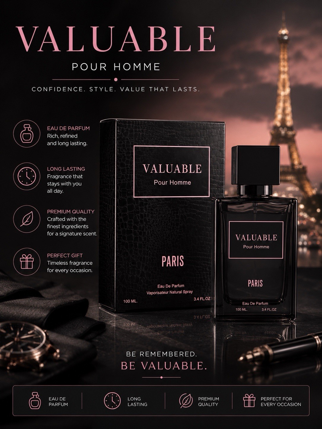 Paris Valuable Pour Homme Eau de Parfum Spray for Men 3.4 fl oz Long Lasting