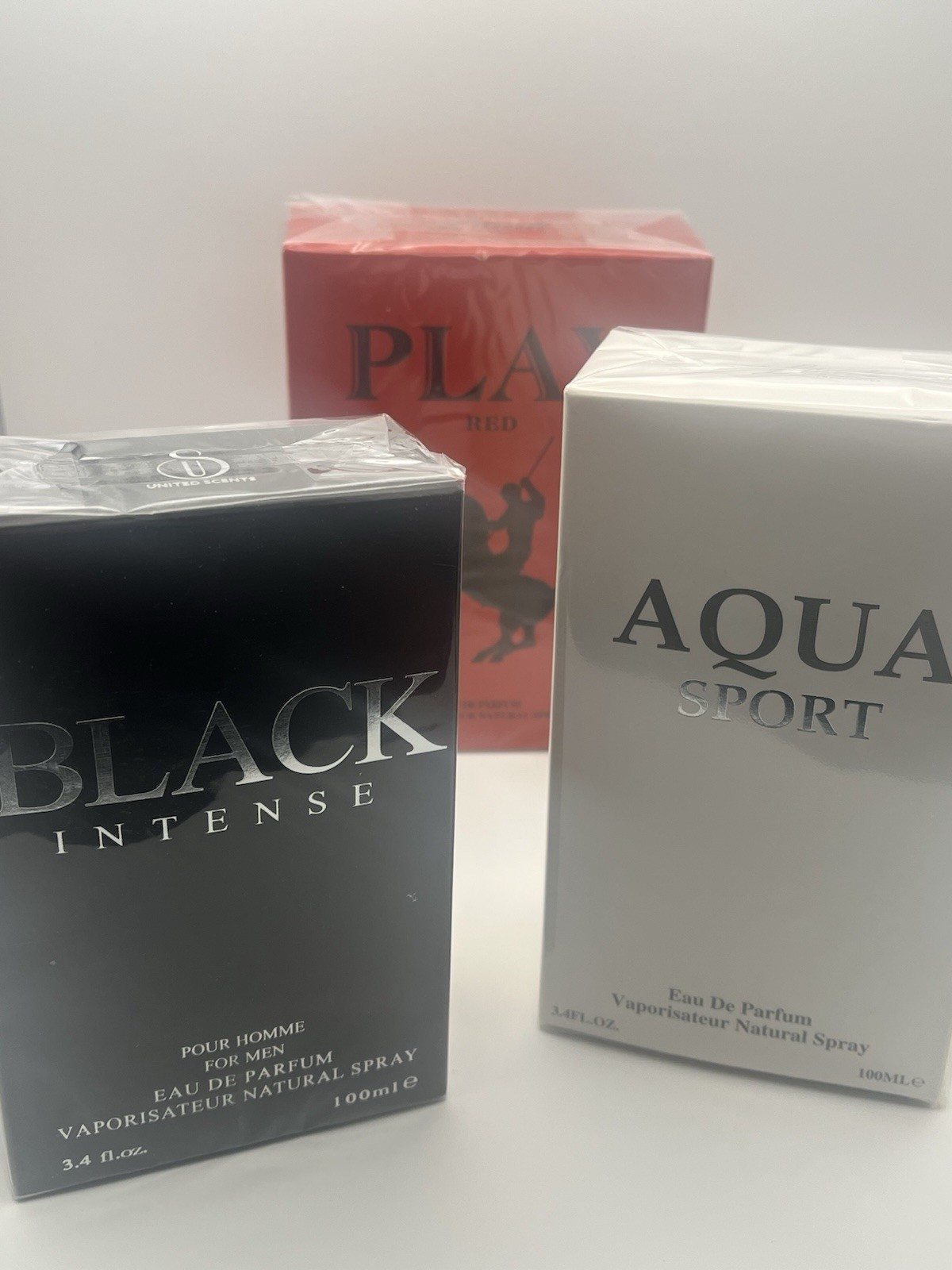 3pc Men’s Cologne Bundle Black Intense Aqua Sport Play Red 100ml Each New Sealed