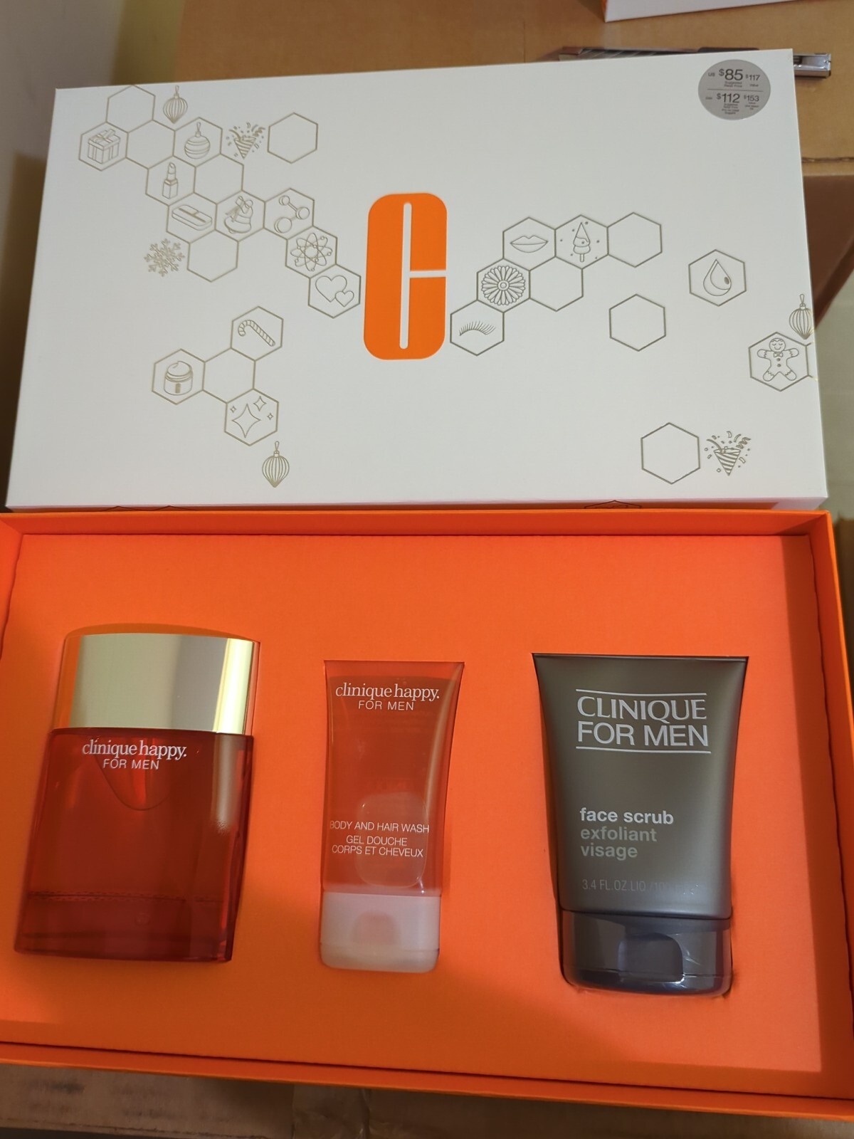 Clinique Happy For Him 3-pc Gift Set Men Fragrance 3.4 oz+Scrub+Body/Hair Wash