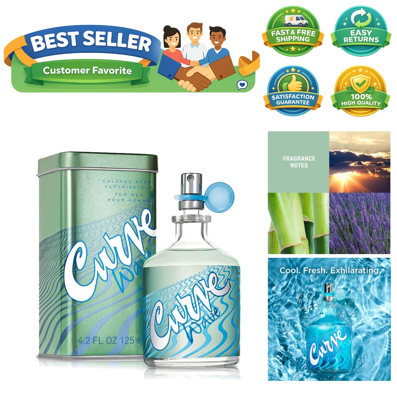 Catch the Wave: Fresh Men’s Cologne Spray, Casual & Long-Lasting Scent, 4.2 oz