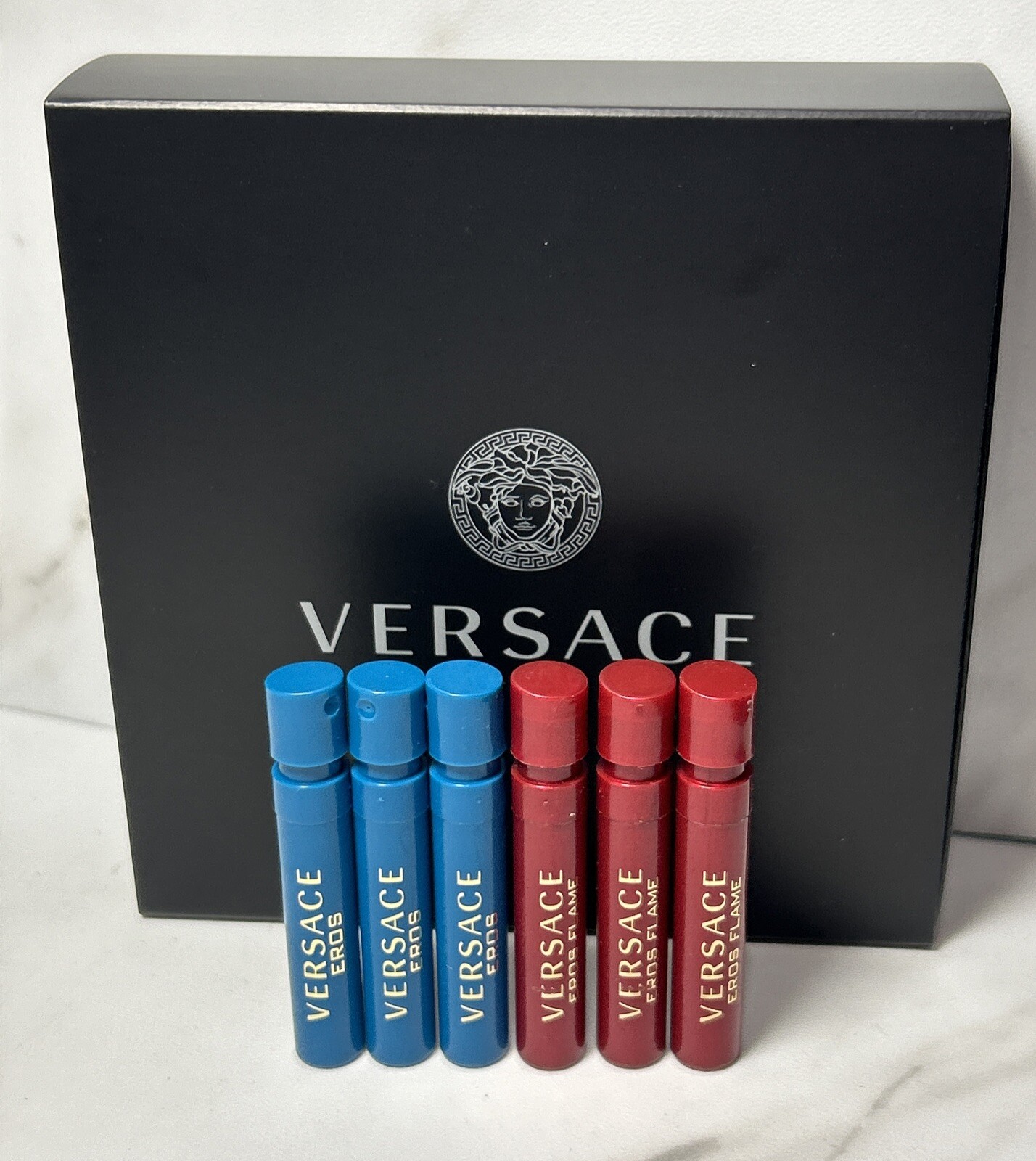 3 Versace Eros EDT & Eros Flame EDP Spray Vial for Men 2 Pc Set .03 fl oz NIB