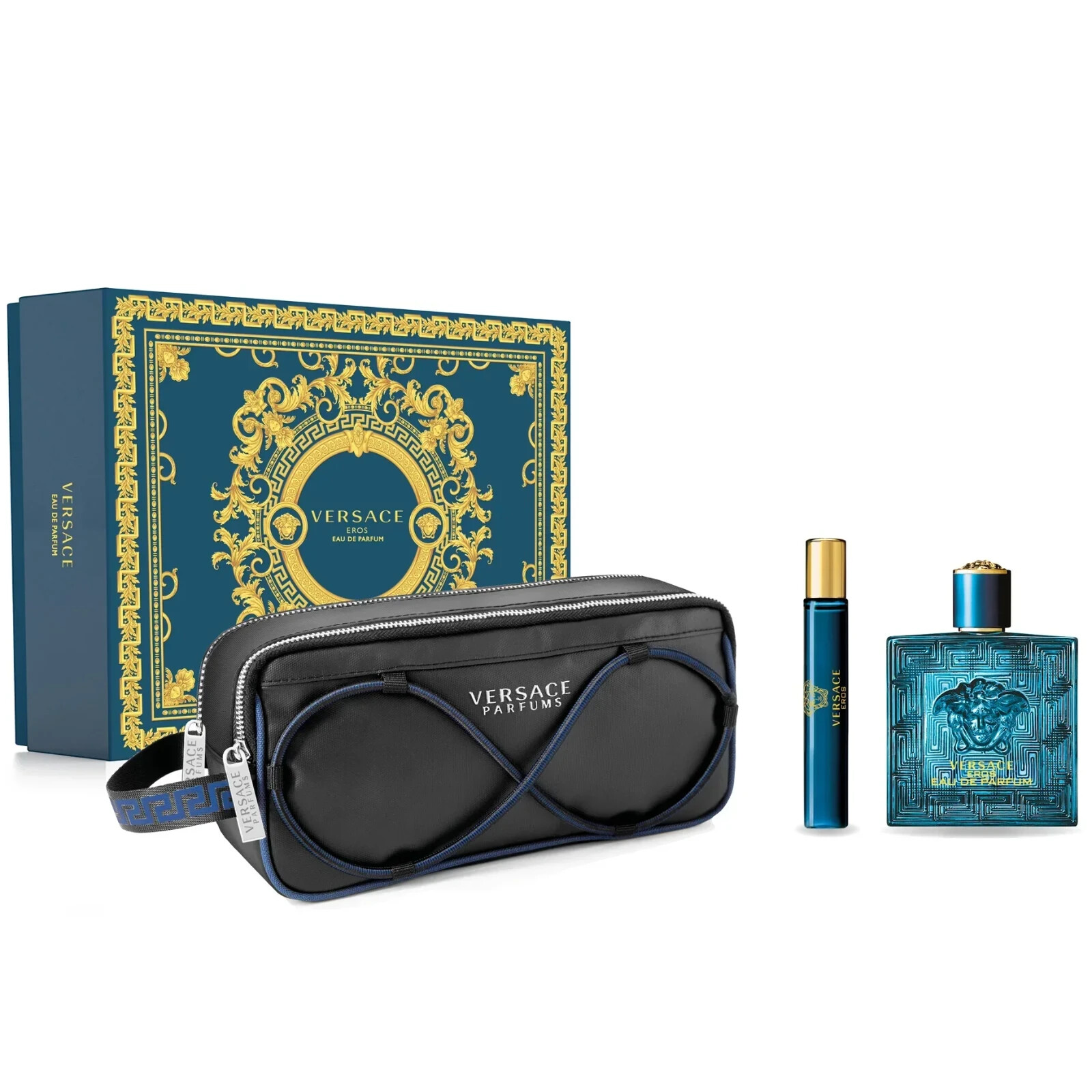 Versace Eros Men’s 3 pc set 3.4oz EDP Spray + 0.3 oz Mini Spray + Trousse