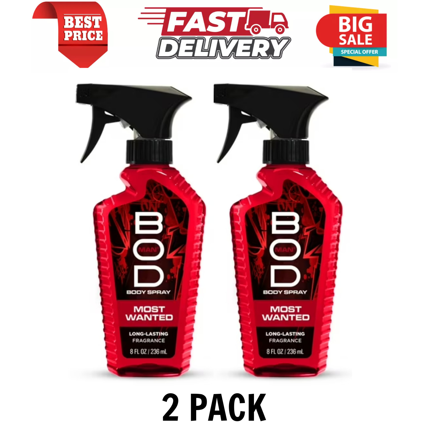 (2 Pack) BOD Man Fragrance Body Spray, Most Wanted, 8 fl oz, Free Shipping