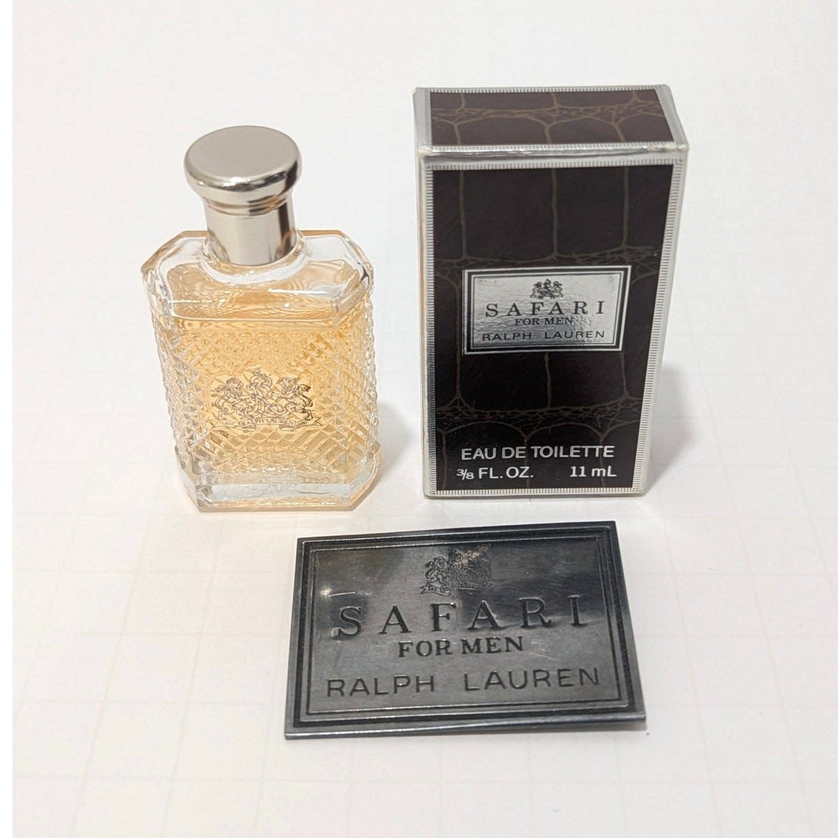 Vtg Ralph Lauren Safari for Men EDT 3/8 fl oz 11ml Splash Mini Cosmair +Logo Pin