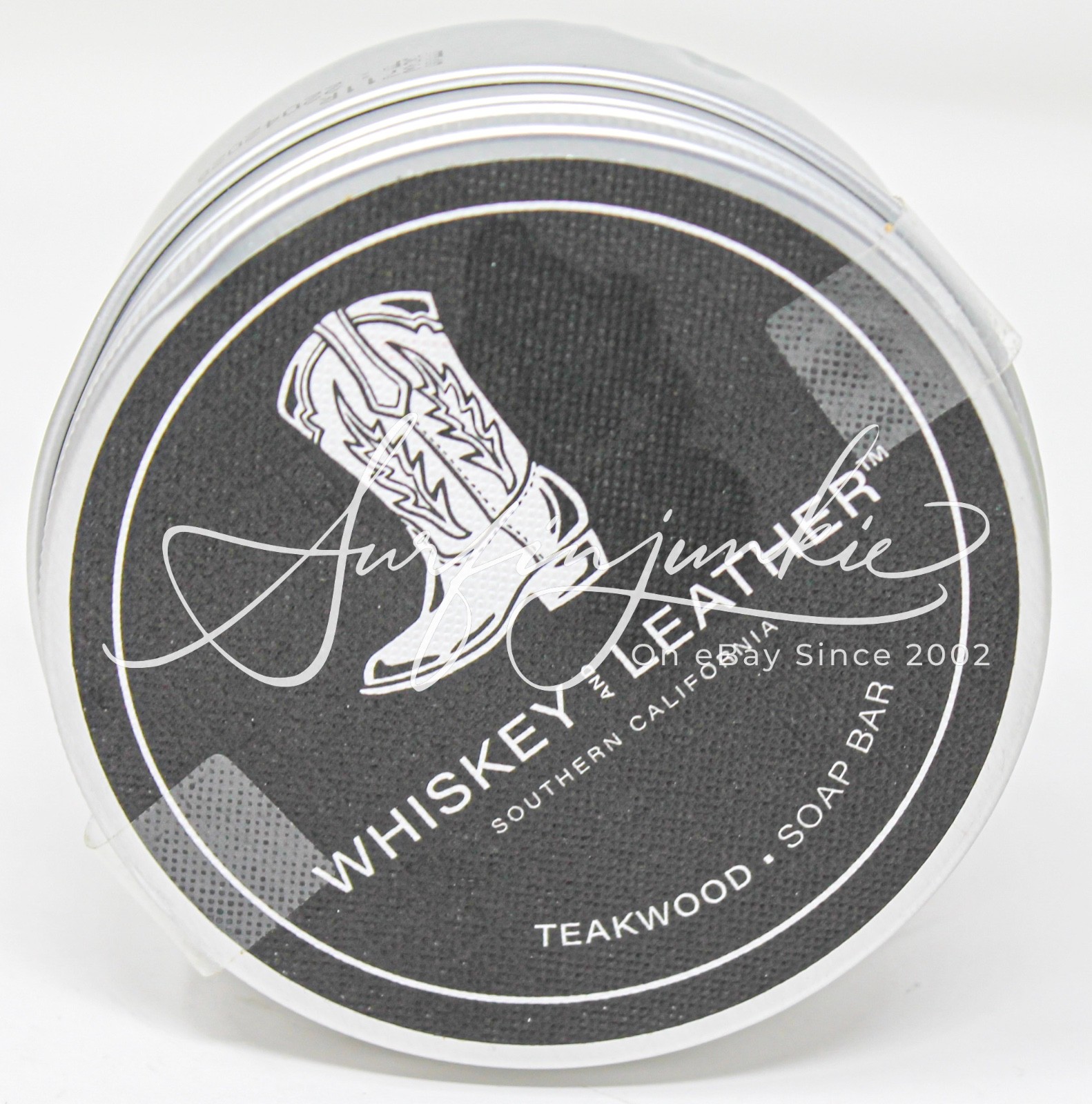 Sand + Fog Home Men’s Whiskey and Leather Teakwood Bar Soap Round Metal Tin 7oz