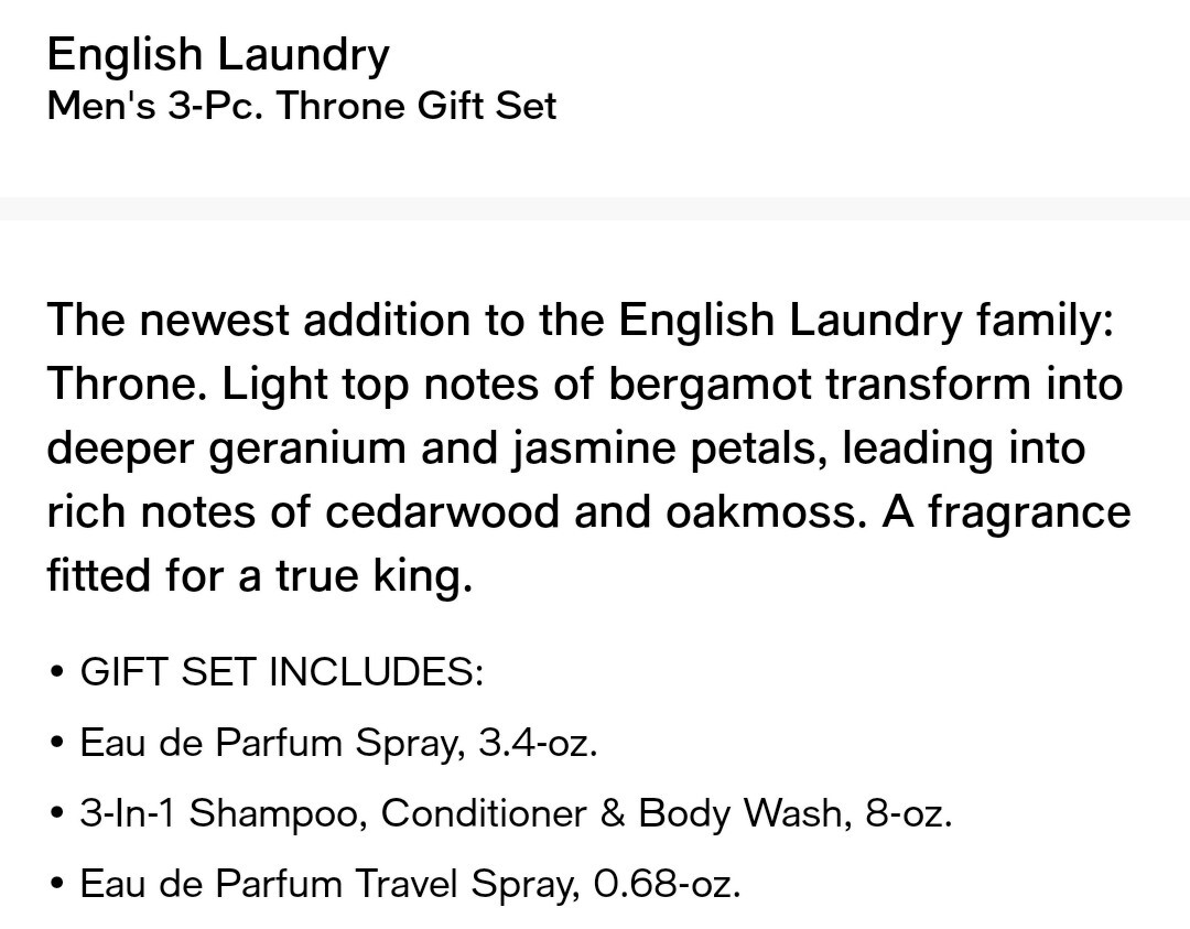 Throne English Laundry Gift Set Fragrance Spray NEW Perfume