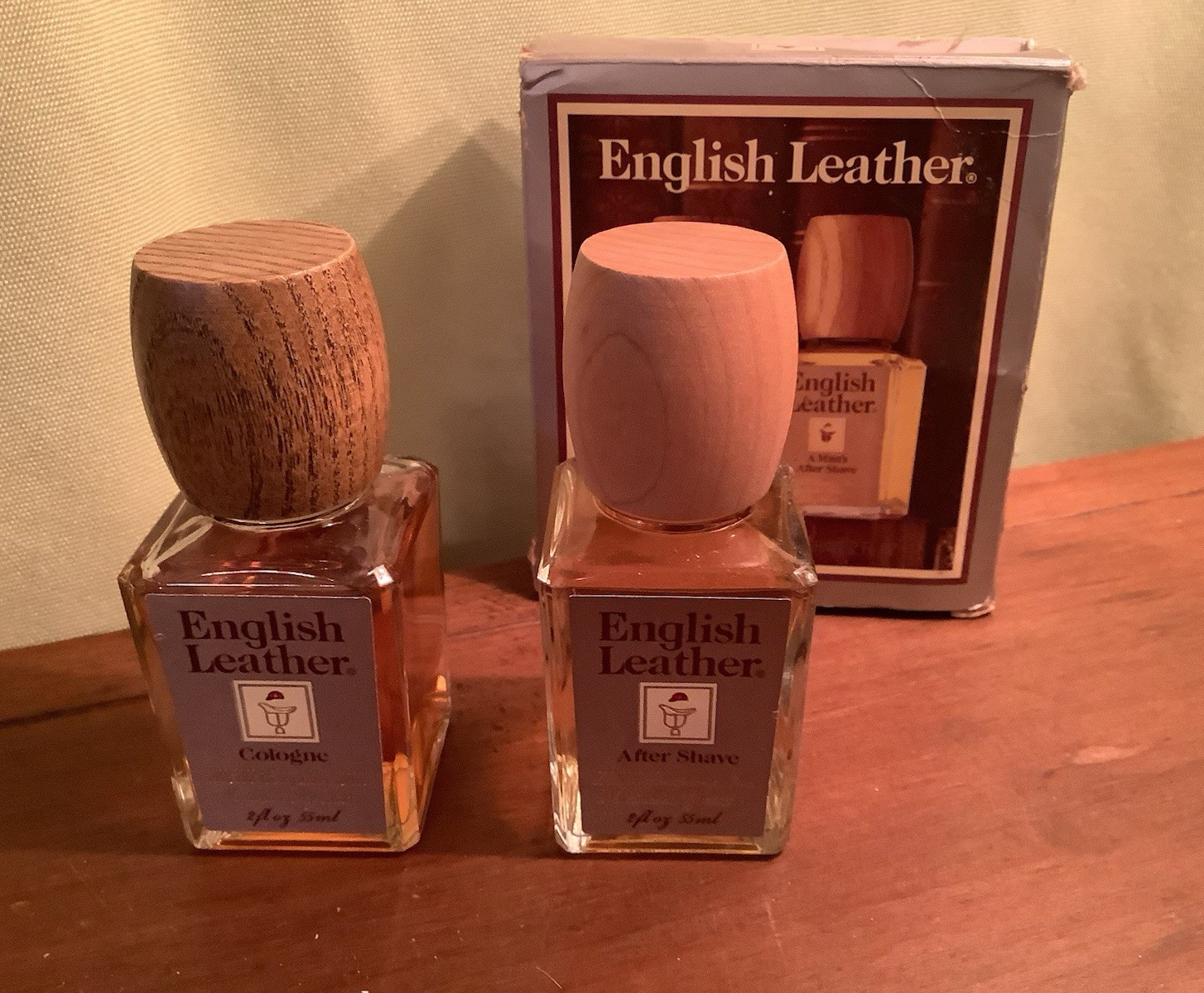 English Leather Gift Set Cologne & After Shave 2 fl oz Each, Box Wooden Lids