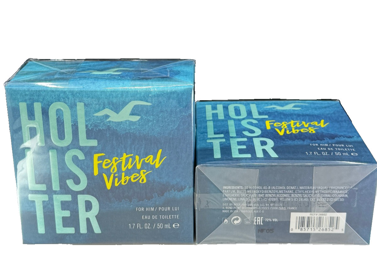 Hollister Festival Vibes For Him EDT Spray 3.4 oz LOT OF 2 (1.7 oz+1.7 oz) NIB