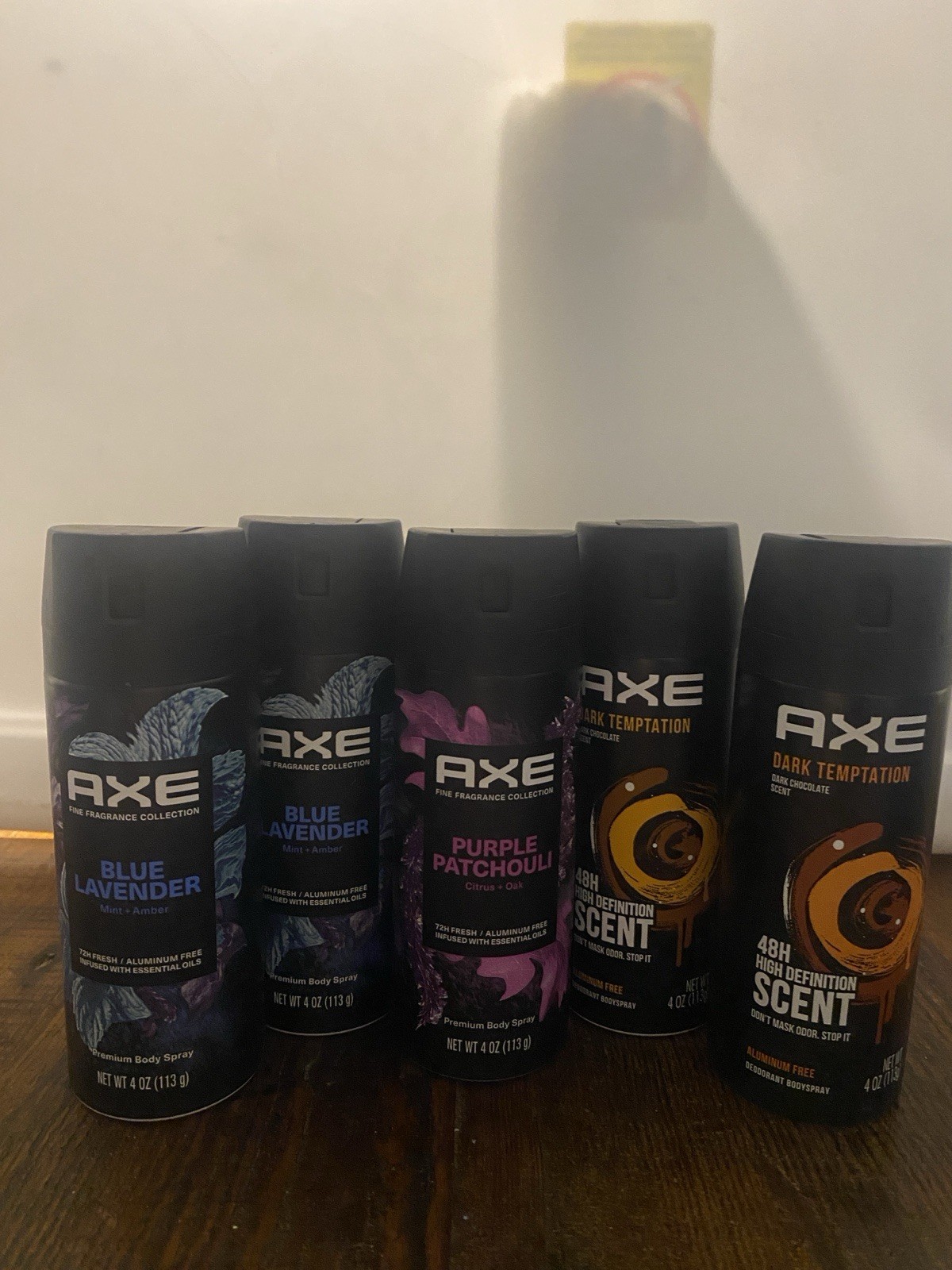 5 AXE Body Spray Deodorant for Men Mixed Lot Patchouli/Bl Lavender/Dk Temptation