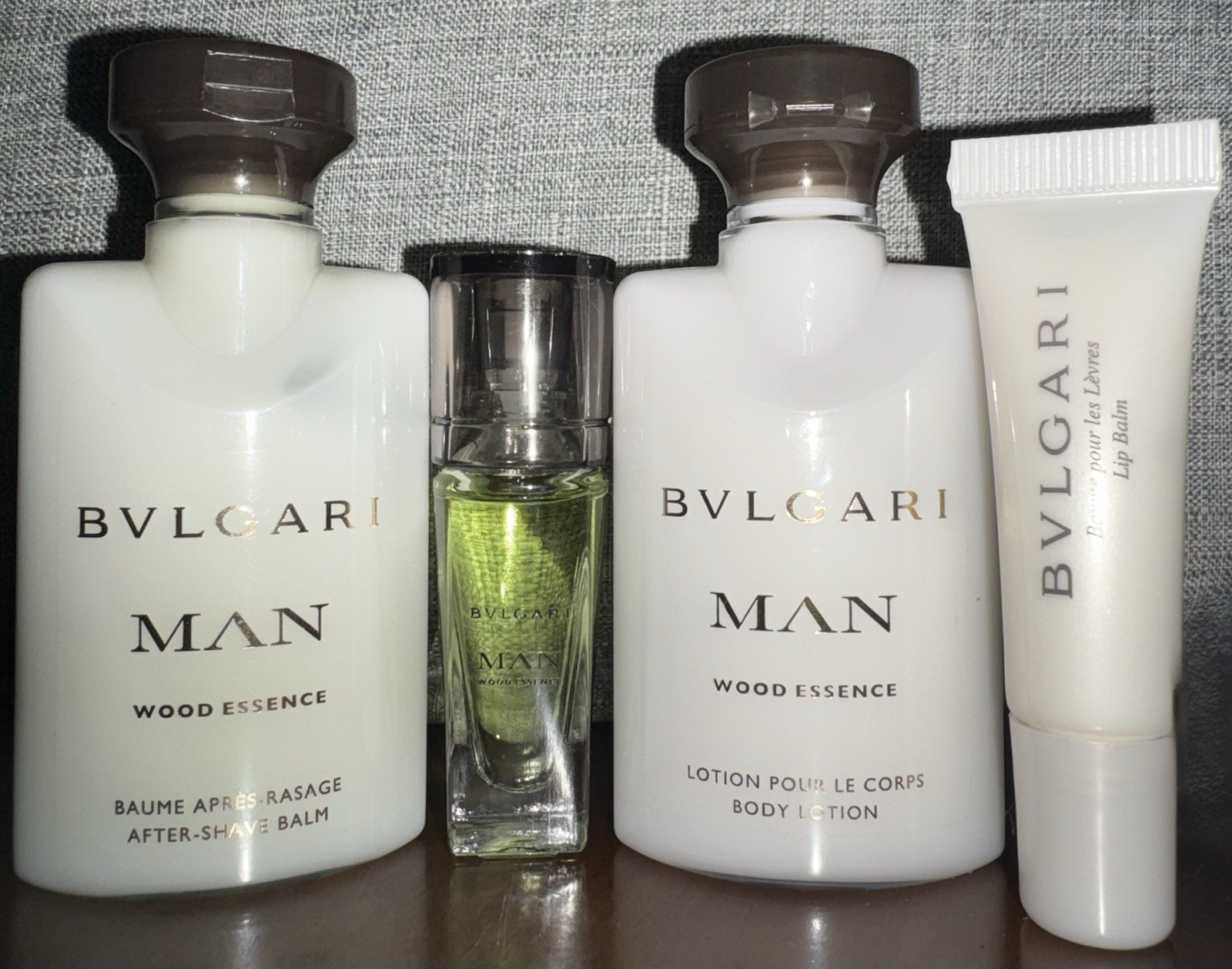 BULGARI MAN WOOD ESSENCE TRAVEL SET 5 mL EAU DE PARFUME AFTER SHAVE BALM, LOTION