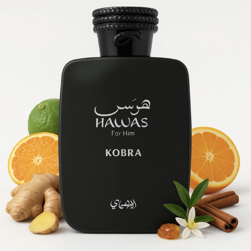 Hawas Kobra is an oriental woody fragrance for men, 100 ml/3.4 fl oz.