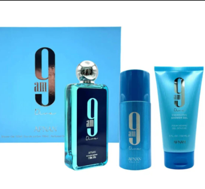 9 AM Dive by Afnan Gift Set 3.4oz, 5oz Gel, 5oz Spray Set for Men NEW IN BOX