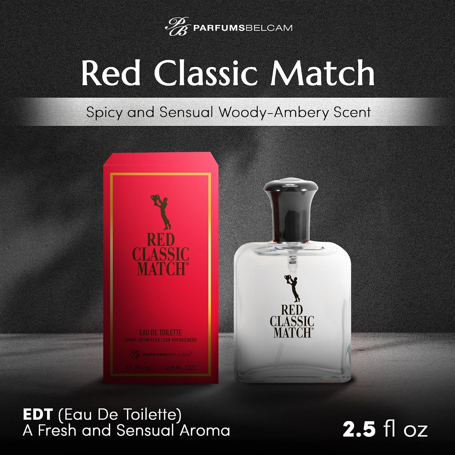 PB ParfumsBelcam Red Classic Match Eau de Toilette for Men 2.5 oz Spicy Amber