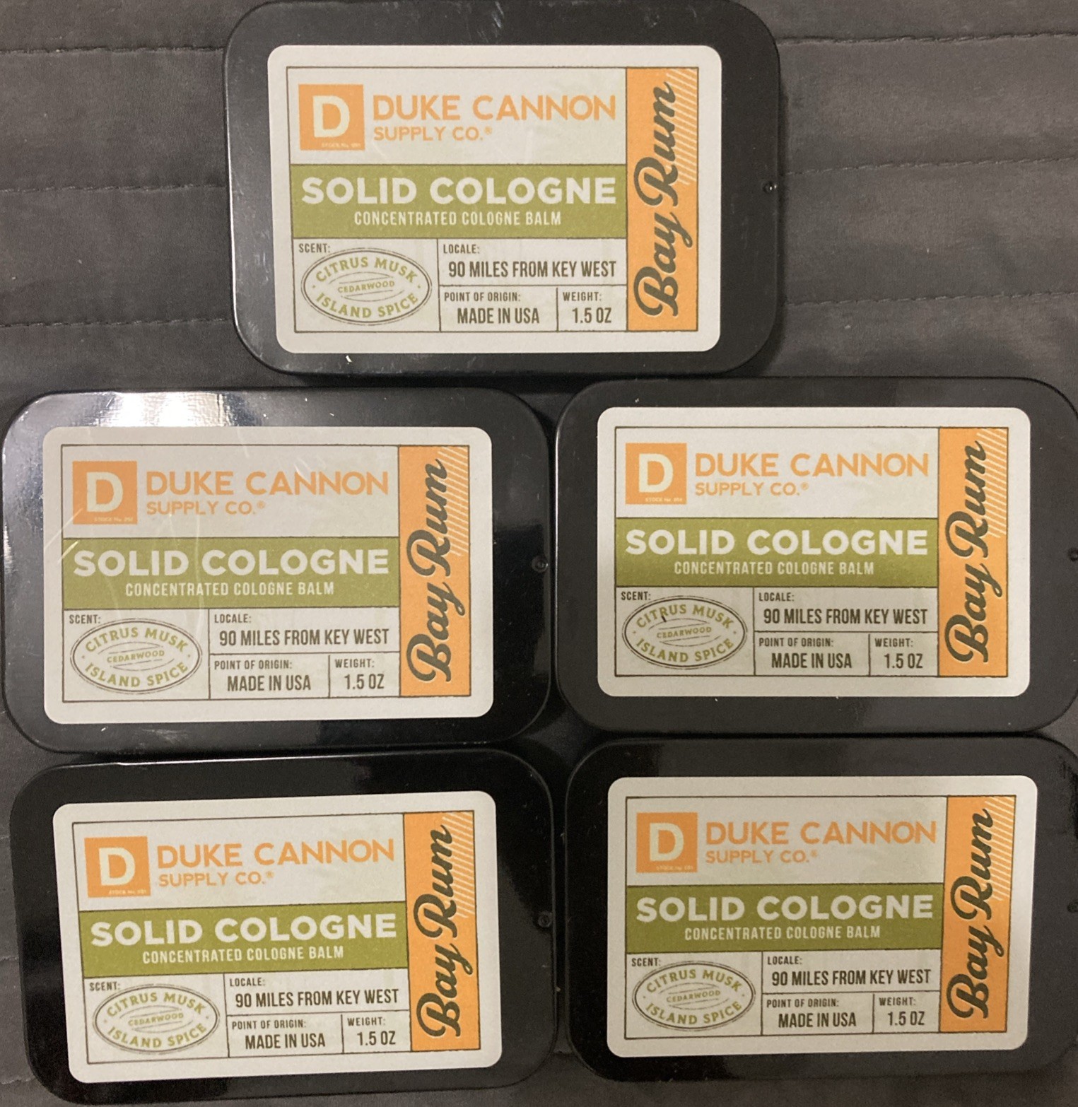 5 X Duke Cannon Bay Rum Solid Cologne Concentrated Balm 1.5oz Citrus Musk H137