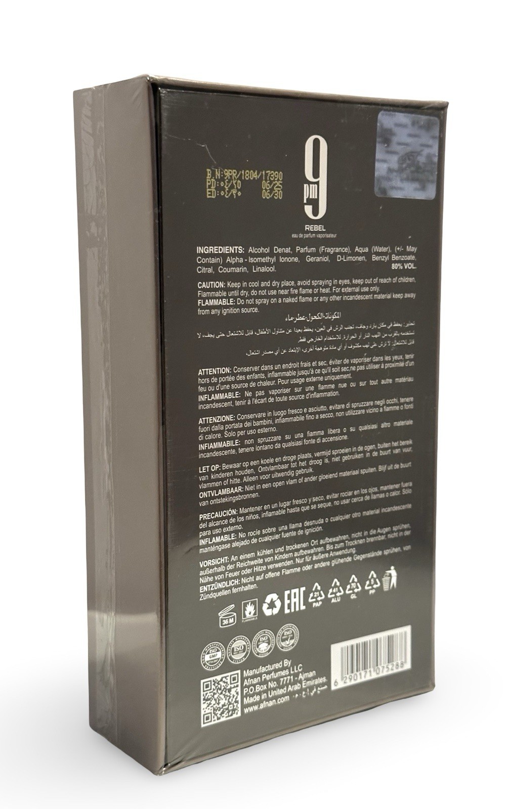 Afnan 9PM Rebel Eau de Parfum 100 mL (3.4 oz) Men, NEW SEALED