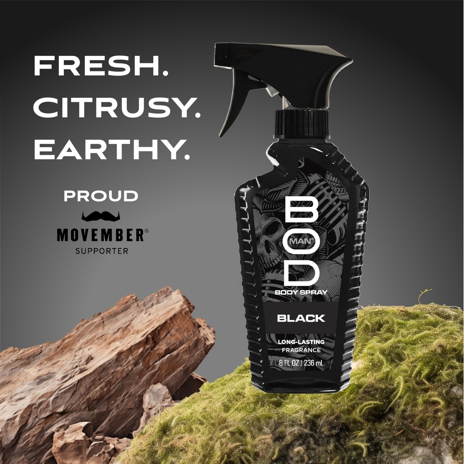 BOD man Fragrance Body Spray, Black, 8 fl oz (Pack 8 Fl Oz of 2), Clear