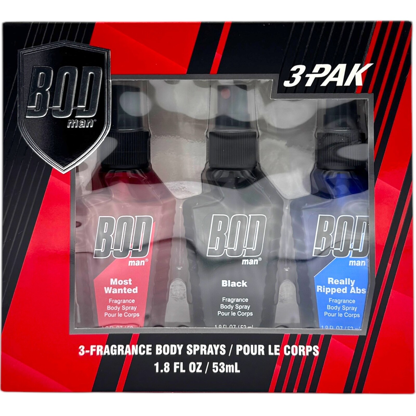 BOD Man Body Spray 3-Pack Gift Set Most Wanted Black Really Ripped Abs 1.8oz Men