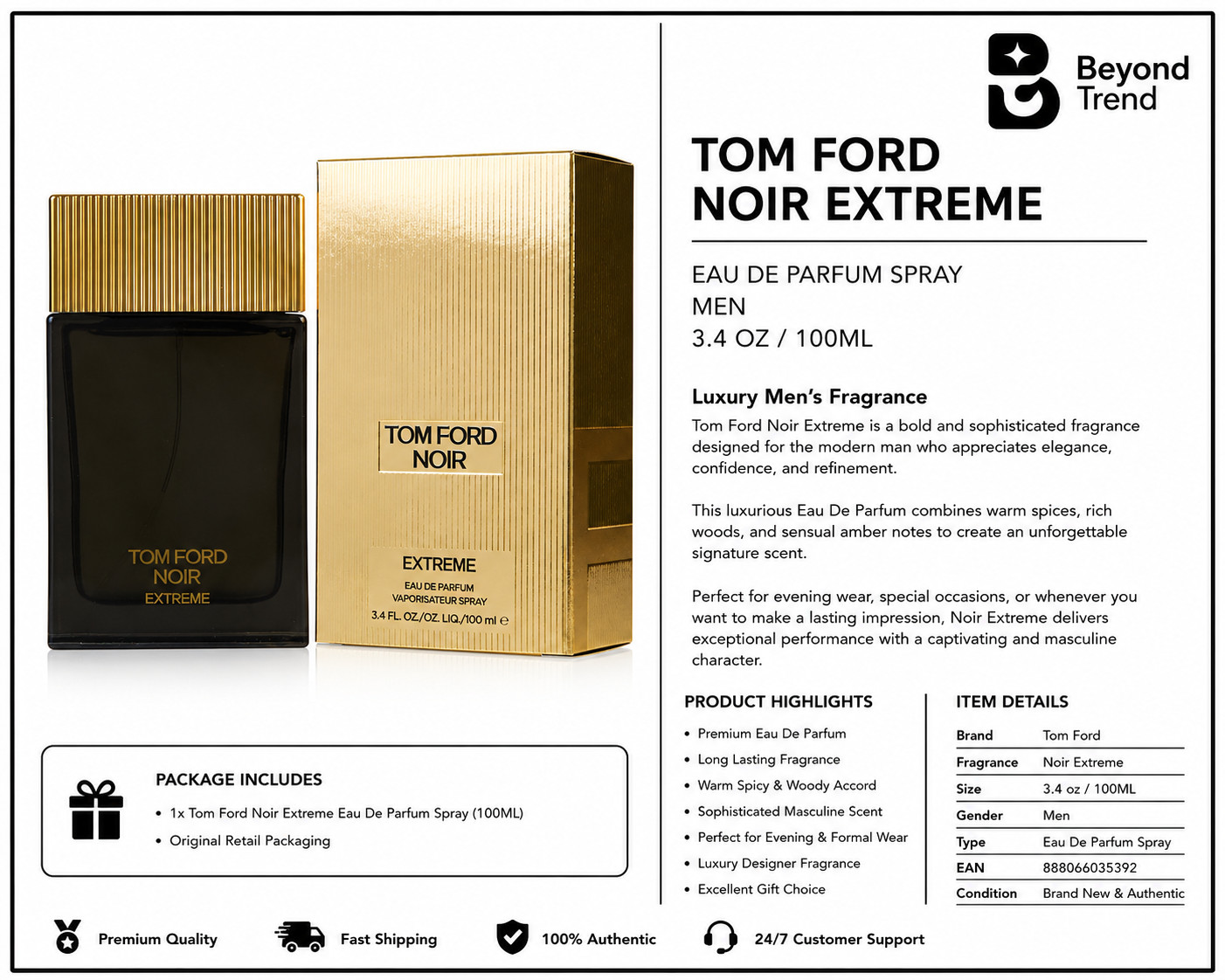Tom Ford Noir Extreme Men Eau De Parfum Spray, 3.4 oz