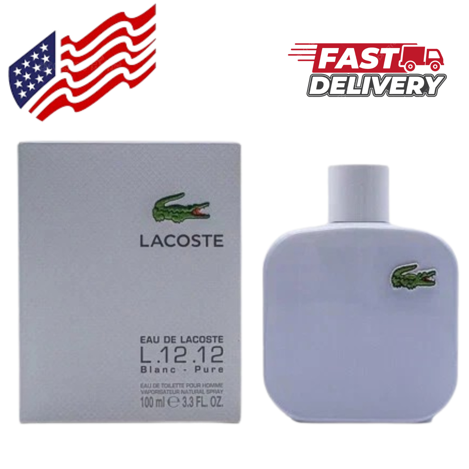 Eau De Lacoste Blanc Pure White L.12.12 Cologne for Men 3.3 oz New In Box