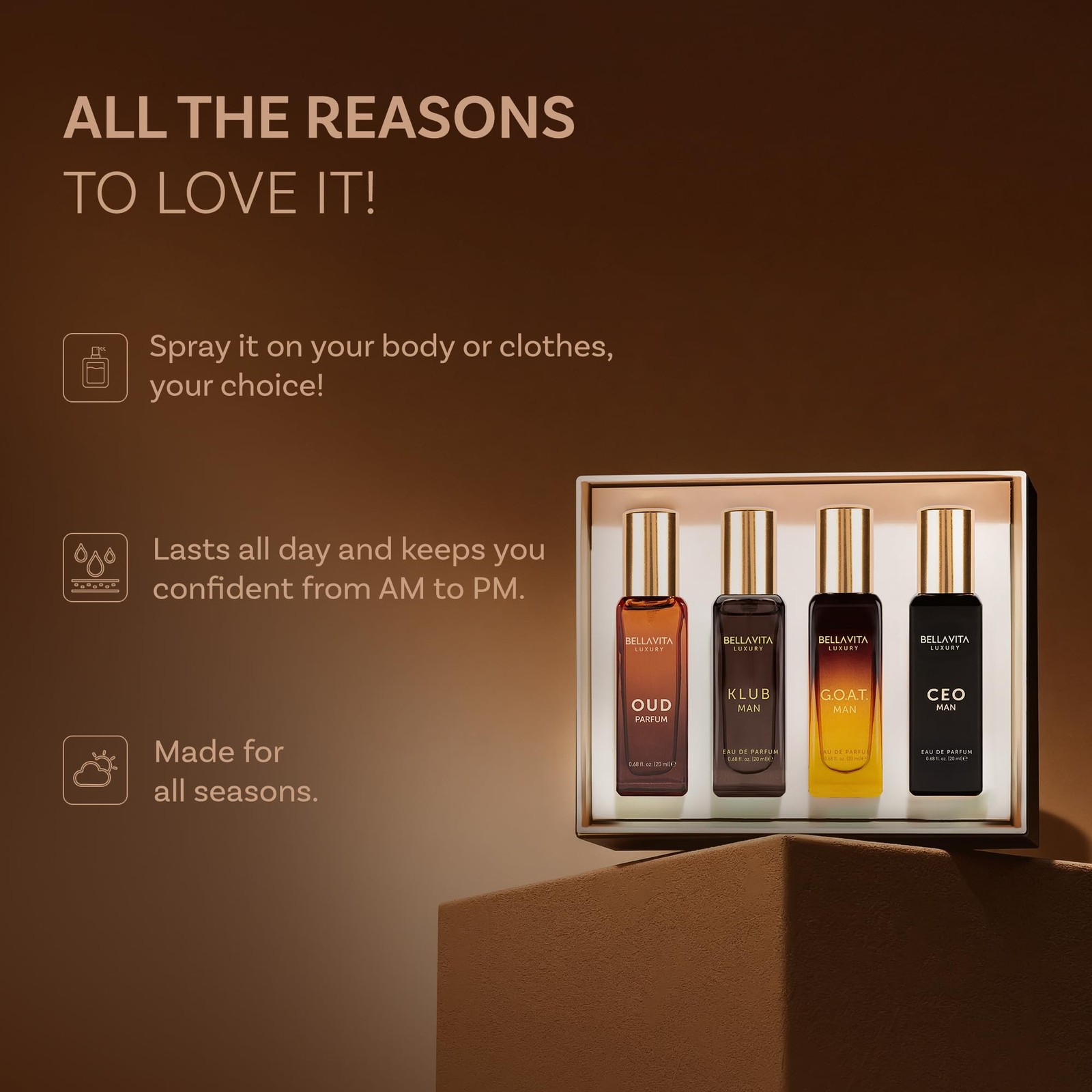 BellaVita Luxury Men’s Perfume Gift Set with CEO Man, G.O.A.T., KLUB & OUD