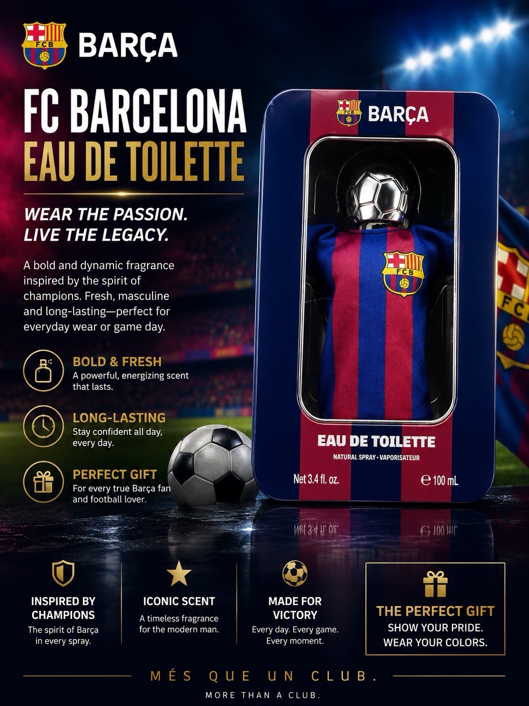 FC Barcelona BARÇA Eau De Toilette 3.4oz/ 100ml EDT Boys Football Gift Fragrance