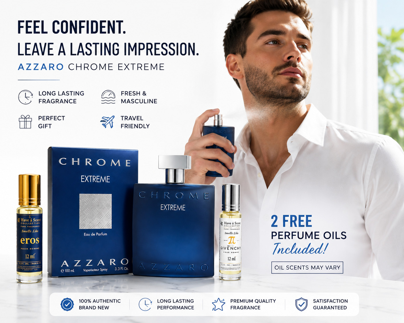 Azzaro Chrome Extreme EDP 3.3 oz Men Cologne + 2 FREE Perfume Oils Gift Set 100%