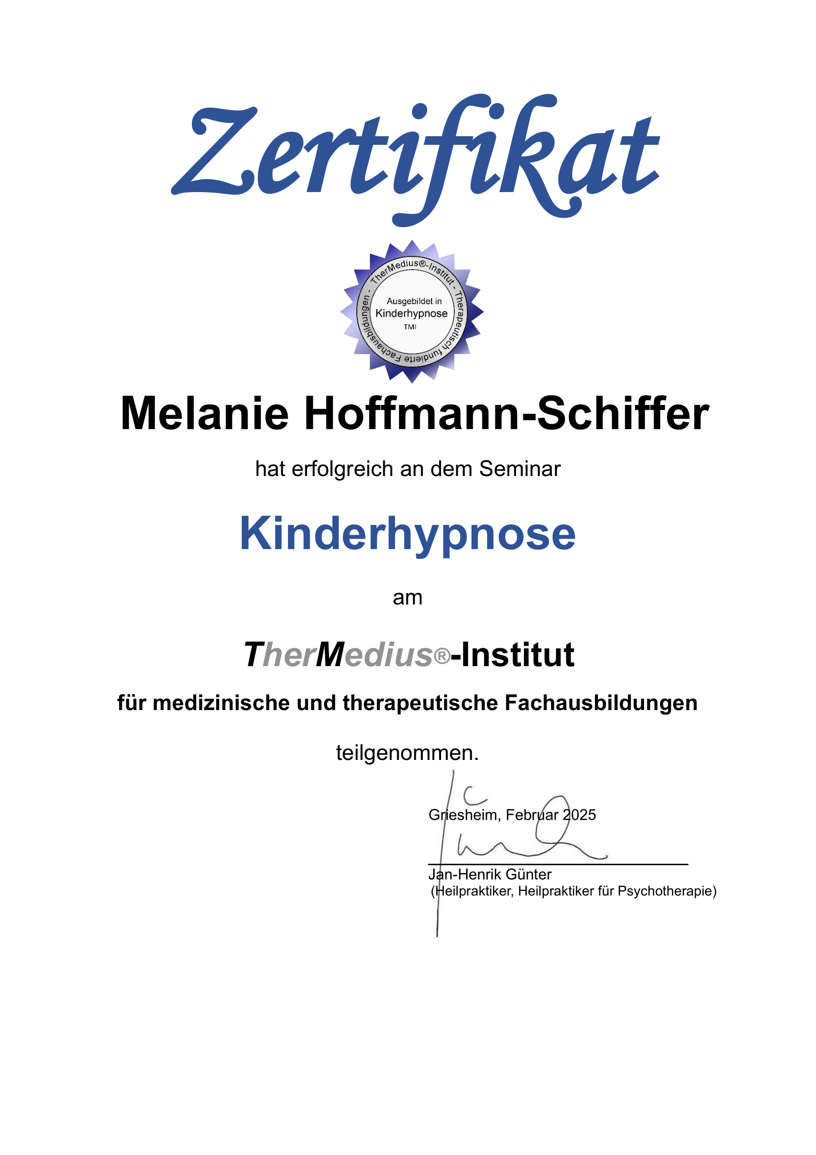 Zertifikat Kinderhypnose